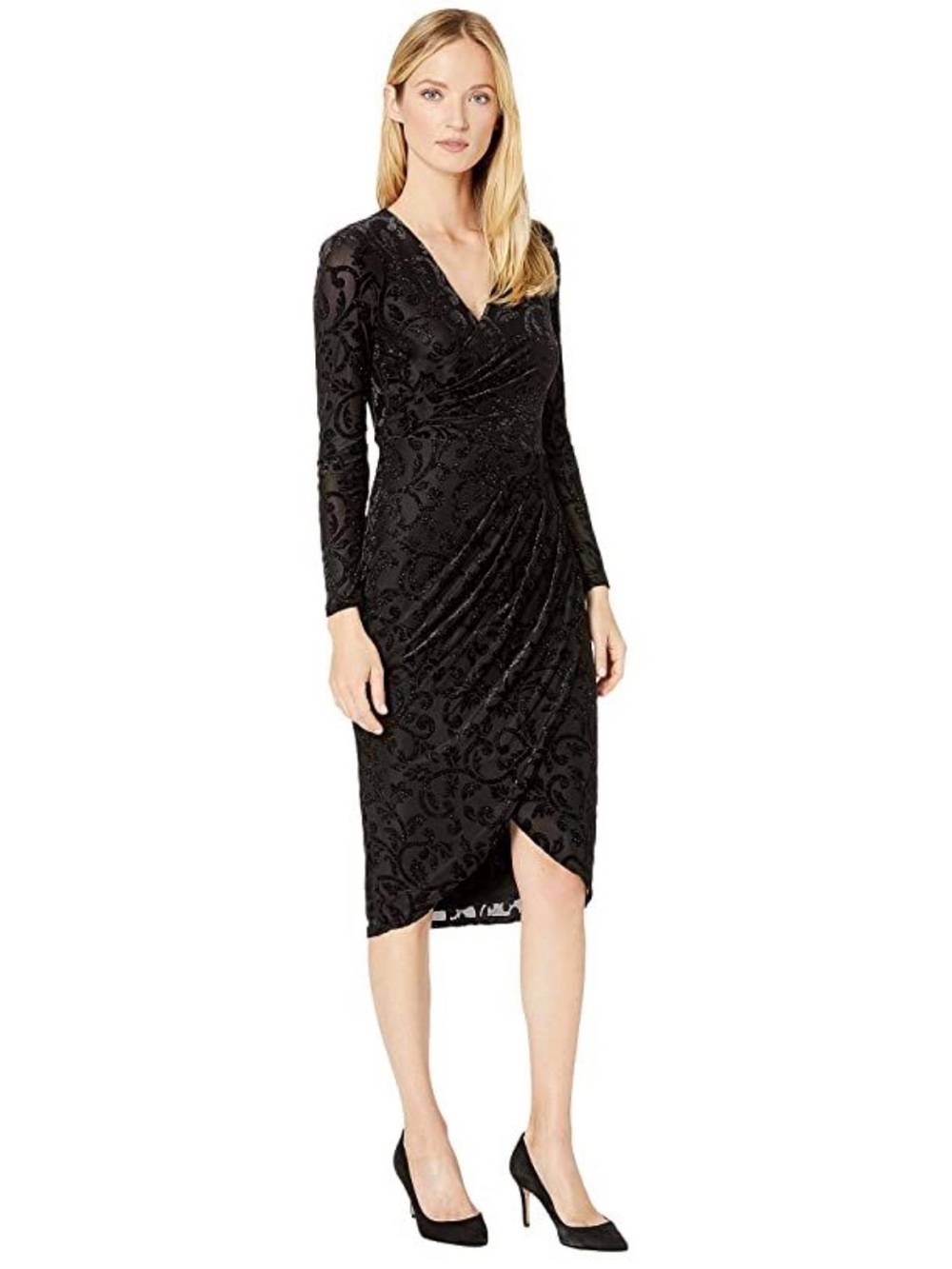 Adrianna Papell Black Flocked Velvet Long-Sleeve Wrap Midi Dress